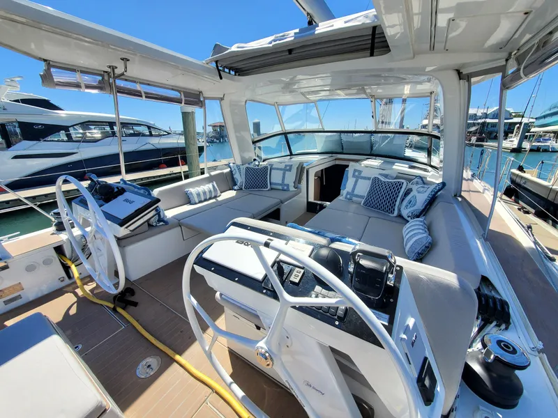 Slide: The Image of 2023 Hanse 460 yacht cockpit with modern design and comfortable seating. - 37