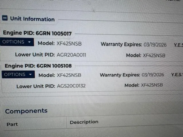 Slide: The Image of Unit information display for Grady-White Freedom 335, 2021 model, showing engine details and warranty expiration. - 42