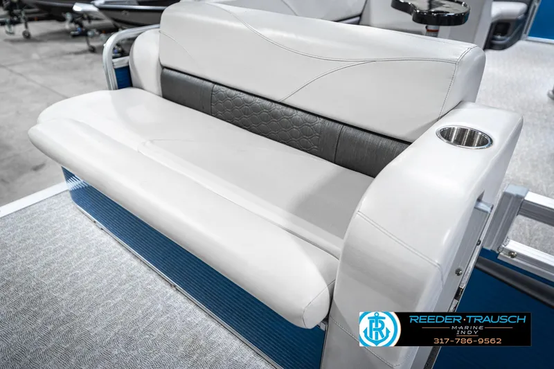 Slide: The Image of Avalon 2285 LSZ CRB 2025 boat seat with cup holder, gray and white upholstery. - 43