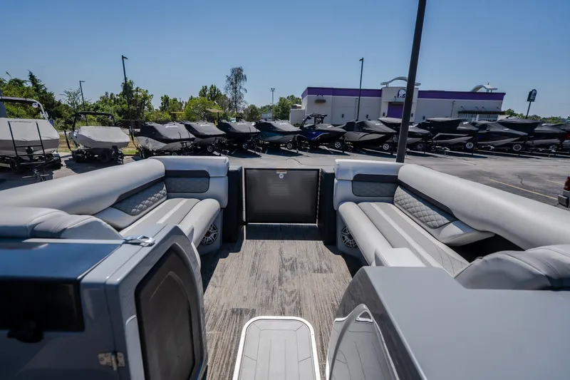 Slide: The Image of Interior view of 2021 Godfrey Sanpan 2400 ULC pontoon boat with luxurious seating. - 22