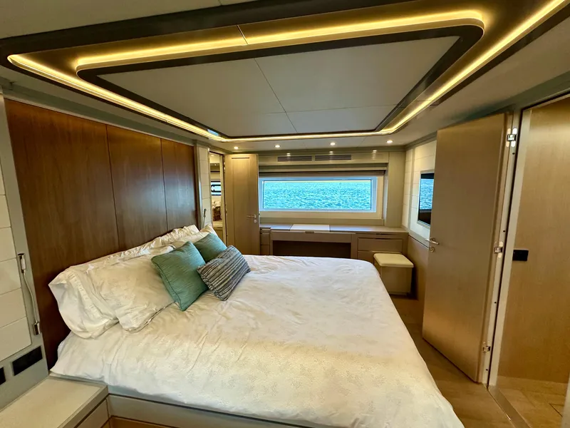Slide: The Image of Luxurious bedroom interior of 2024 Sirena 68 yacht with modern design and ocean view. - 20