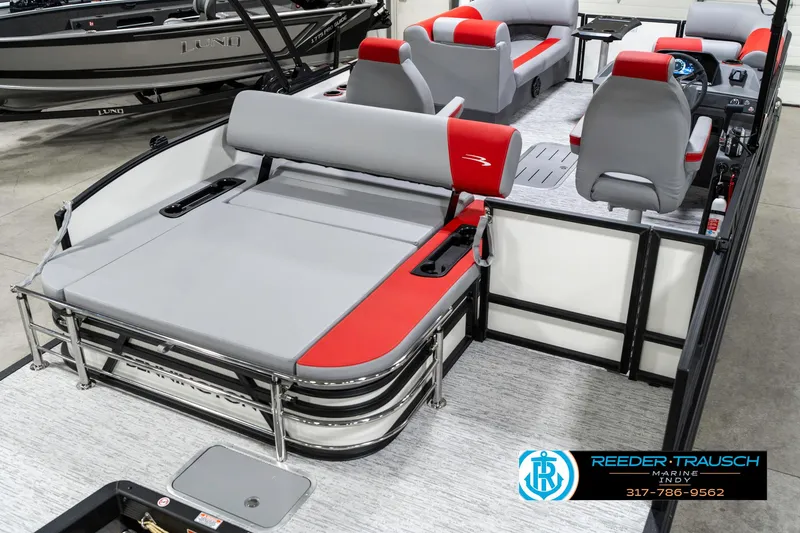 Slide: The Image of 2025 Bennington 21 SSB pontoon boat interior with gray and red seating. - 14