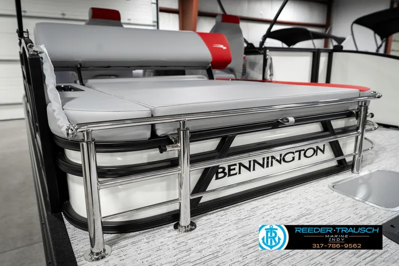 Slide: The Image of 2025 Bennington 21 SSB pontoon boat with sleek design and comfortable seating. - 30
