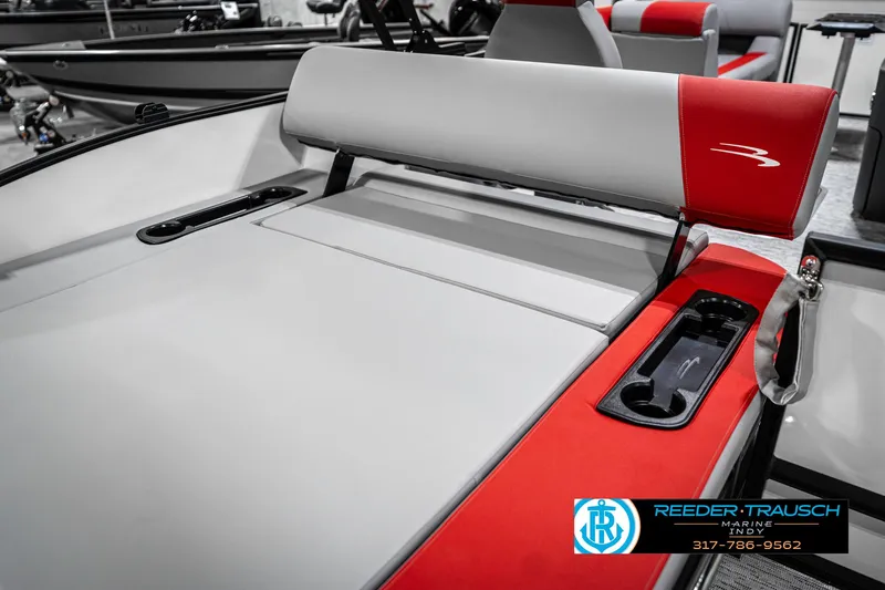 Slide: The Image of 2025 Bennington 21 SSB boat interior with red and gray seating. - 44