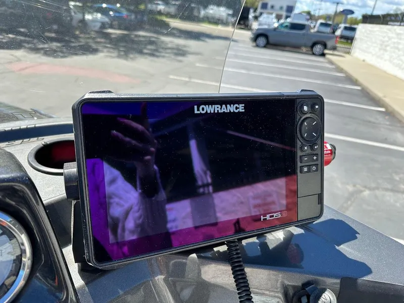 Slide: The Image of Lowrance HDS fishfinder on 2020 Tracker Pro Guide V-16 SC boat dashboard in parking lot. - 12
