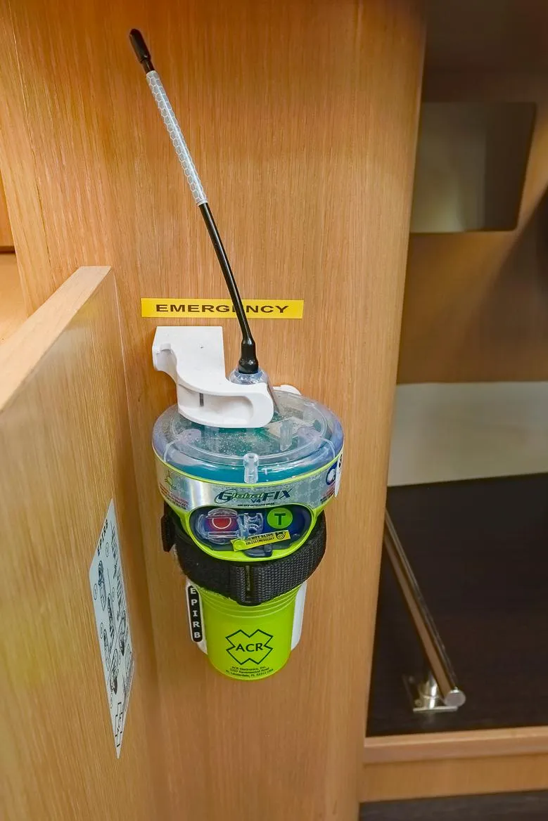 Slide: The Image of Emergency beacon mounted on a 2018 Amel 55 yacht interior. - 26