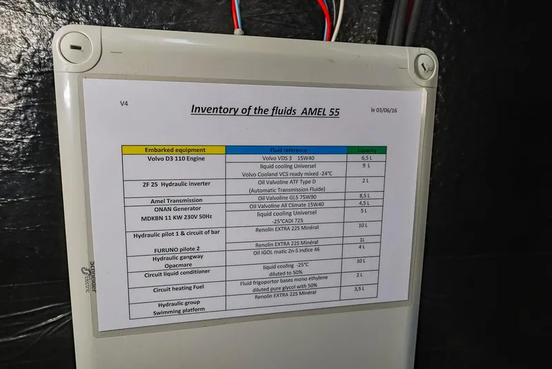 Slide: The Image of Fluid inventory list for Amel 55 yacht, 2018 model, detailing equipment and fluid types. - 36