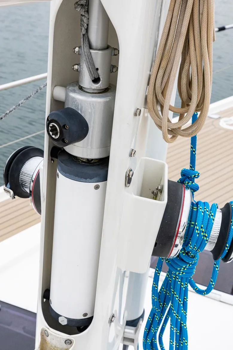 Slide: The Image of Close-up of 2018 Amel 55 yacht mast with ropes and winches. - 43