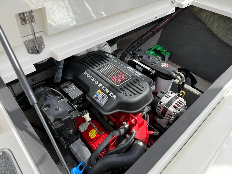 Slide: The Image of 2008 Reinell Bowrider 220LSE engine compartment with Volvo Penta motor. - 17
