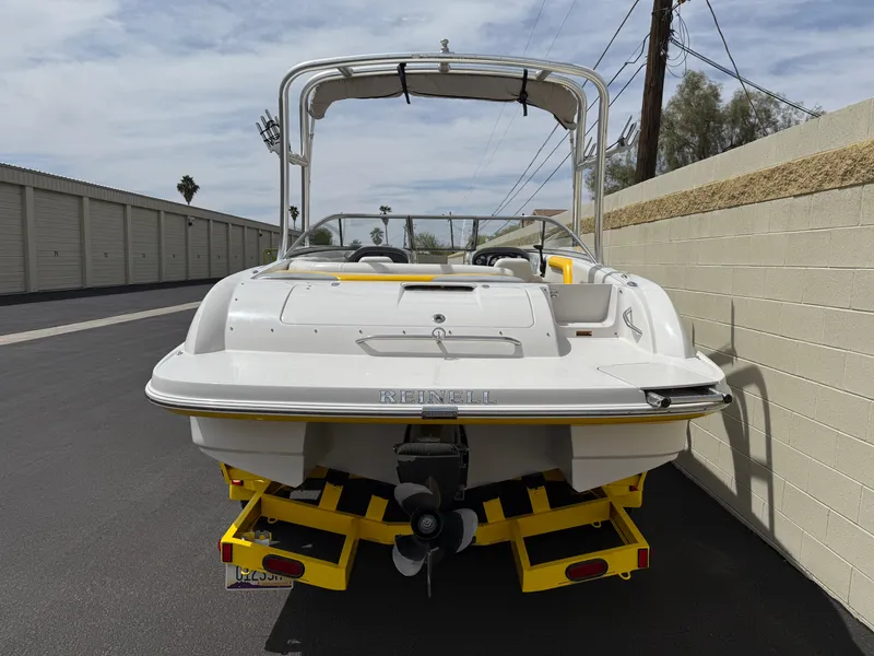 Slide: The Image of 2008 Reinell Bowrider 220LSE boat, rear view, parked on a trailer. - 6