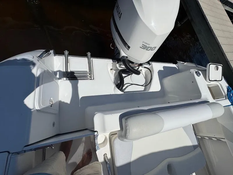 Slide: The Image of 2009 Edgewater 245 CX boat with Yamaha 300 engine, docked, showing rear deck and ladder. - 34