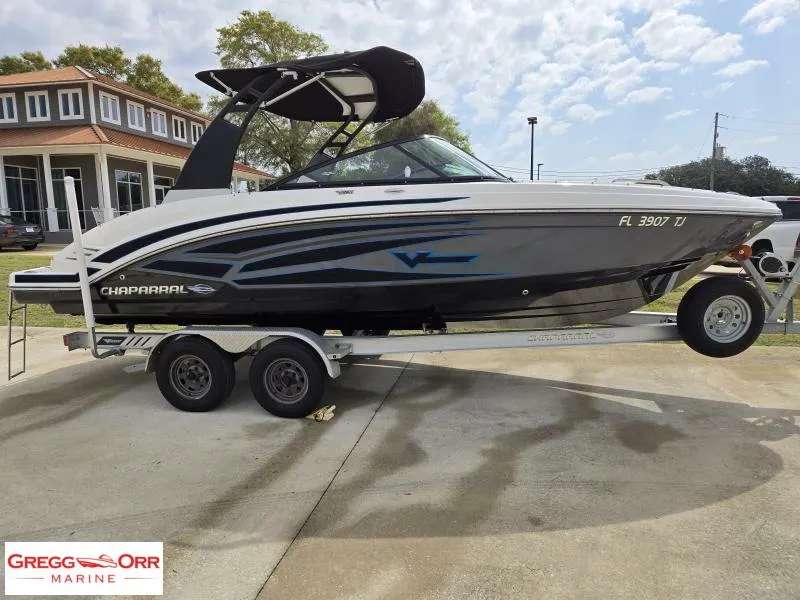 Slide: The Image of 2018 Chaparral 223VRX boat on trailer at Gregg Orr Marine dealership. - 2