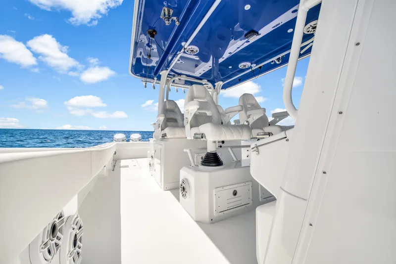 Slide: The Image of 2023 Freeman 47 boat interior with sleek seating and ocean view. - 35