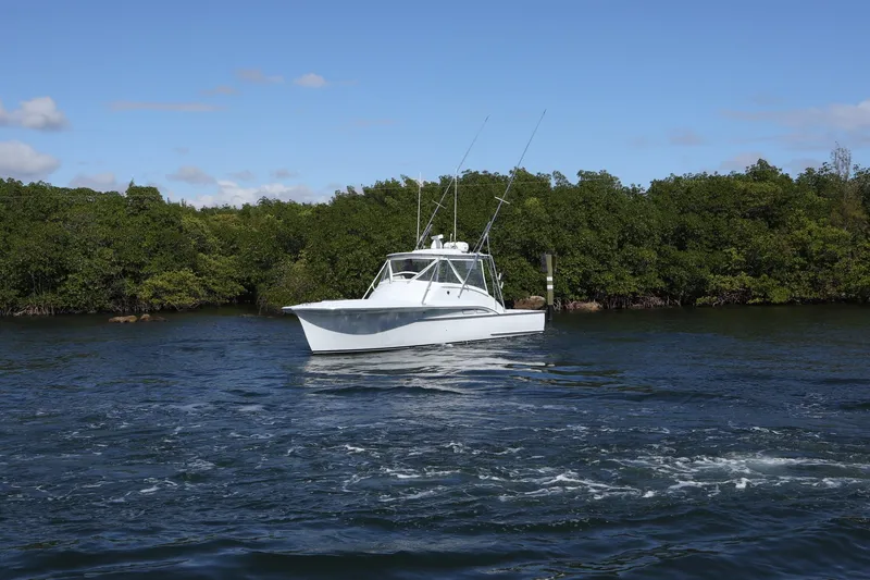 Slide: The Image of 2002 Miller Marine 36 Express boat on calm water near lush green shoreline. - 36