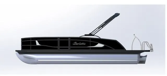 Slide: The Image of 2025 Barletta Lusso 23UC pontoon boat cruising on water with passengers and American flag. - 1