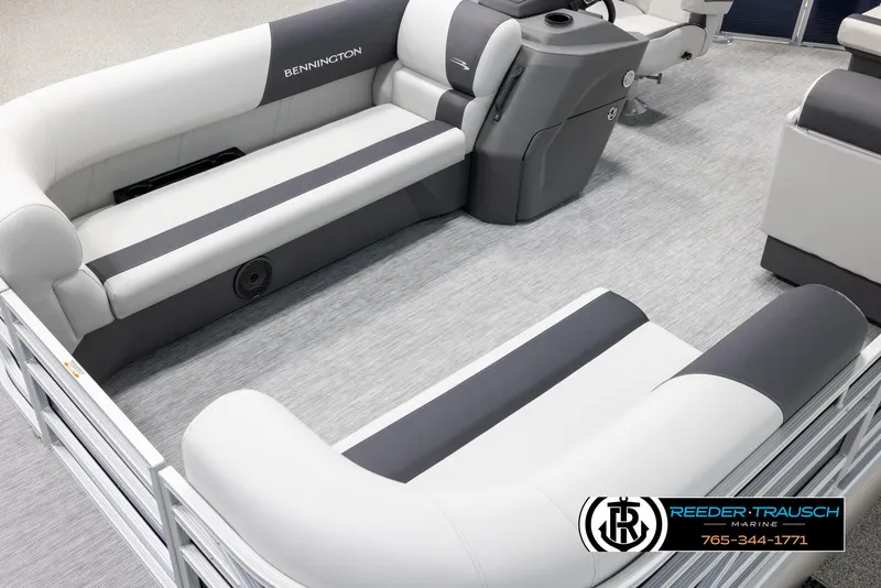 Slide: The Image of 2025 Bennington 20 SLSE pontoon boat interior with gray and white seating. - 10