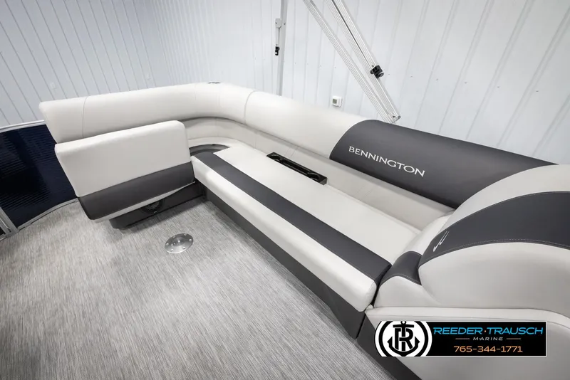 Slide: The Image of 2025 Bennington 20 SLSE pontoon boat interior with sleek seating and modern design. - 24
