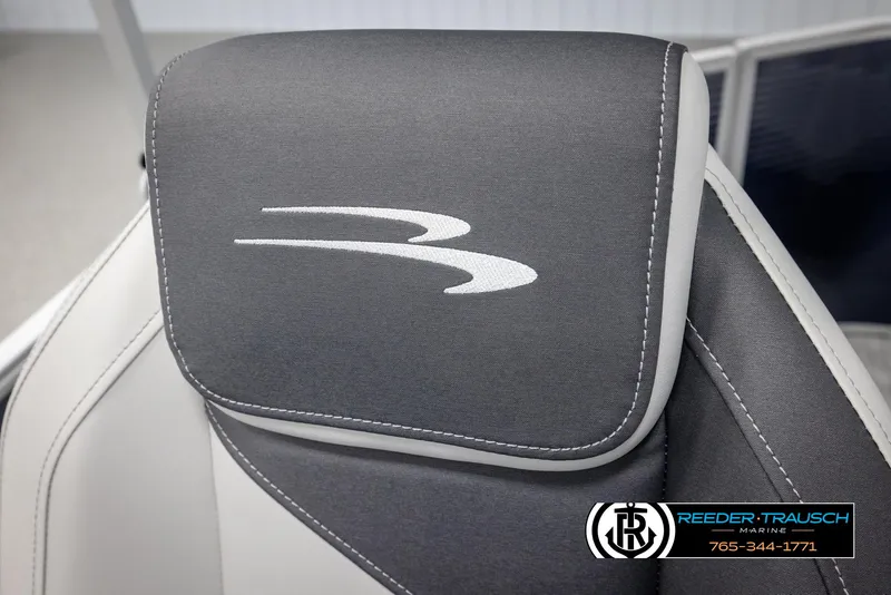 Slide: The Image of 2025 Bennington 20 SLSE boat seat with logo, featuring sleek gray and white design. - 36