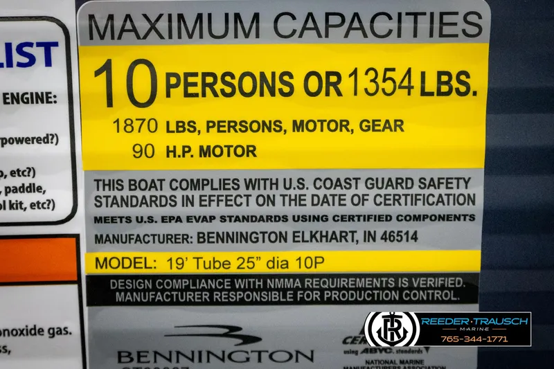Slide: The Image of 2025 Bennington 20 SLSE capacity label: 10 persons or 1354 lbs, 90 HP motor. - 45