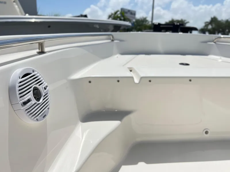 Slide: The Image of 2024 Key West 189 FS boat interior with speaker and seating area. - 15