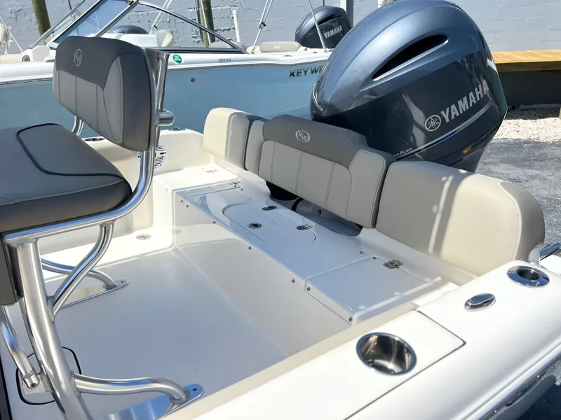 Slide: The Image of 2024 Key West 189 FS boat with Yamaha engine, featuring comfortable seating and sleek design. - 27
