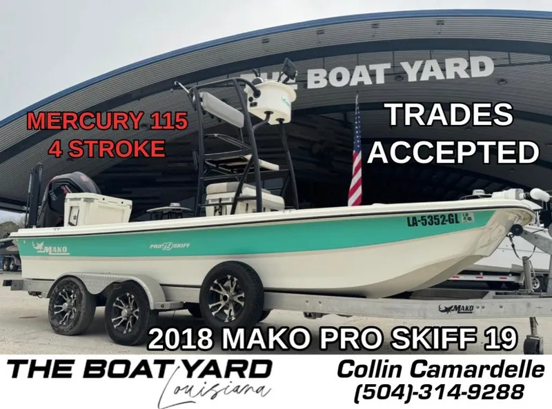 Slide: The Image of 2018 Mako Pro Skiff 19 CC Top Drive boat with Mercury 115 engine at The Boat Yard. - 1