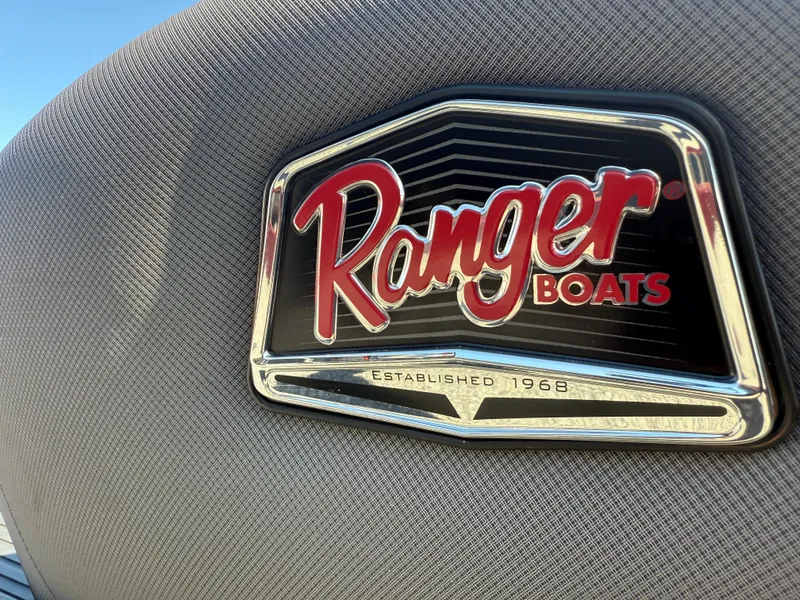 Slide: The Image of Ranger Boats logo on 2022 Ranger Z518, established 1968, close-up view. - 25