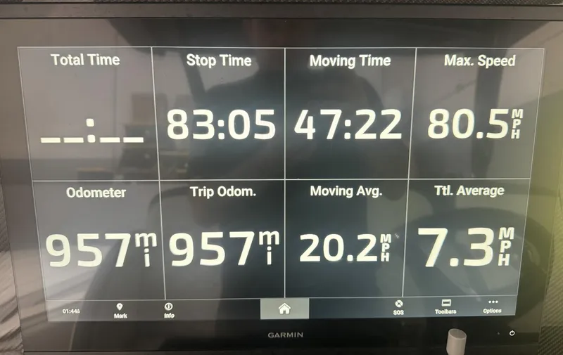 Slide: The Image of Display screen showing boat statistics, including speed and odometer, on a 2023 Nor-Tech 390 Sport. - 13