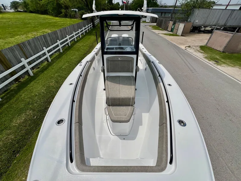 Slide: The Image of 2025 Sea Hunt Gamefish 27 with Coffin Box, top view, sleek design, spacious deck. - 16
