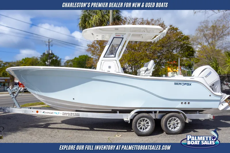 Slide: The Image of 2025 Sea Fox 228 Commander boat on trailer at Palmetto Boat Sales. - 2