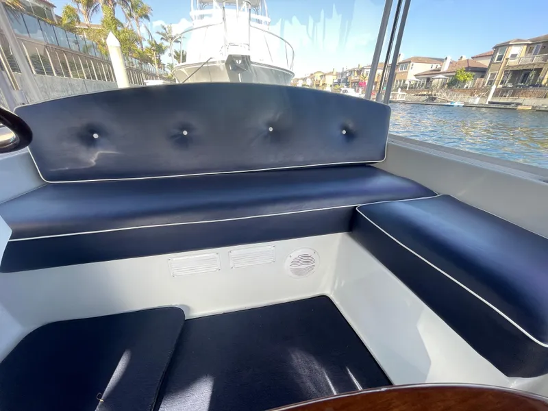 Slide: The Image of Interior of 2014 Duffy 18 Snug Harbor boat with blue seating and waterfront view. - 16
