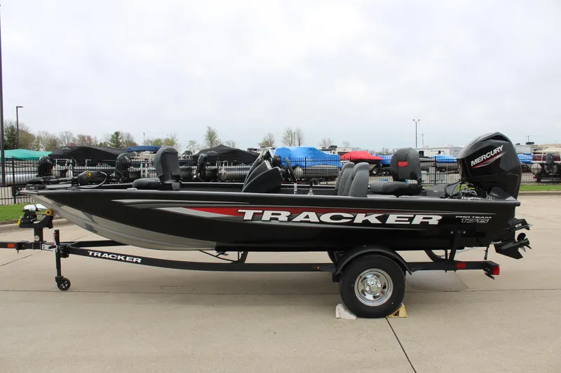 Slide: The Image of 2025 Tracker Pro Team 175 Crappie Edition boat on trailer, side view. - 4