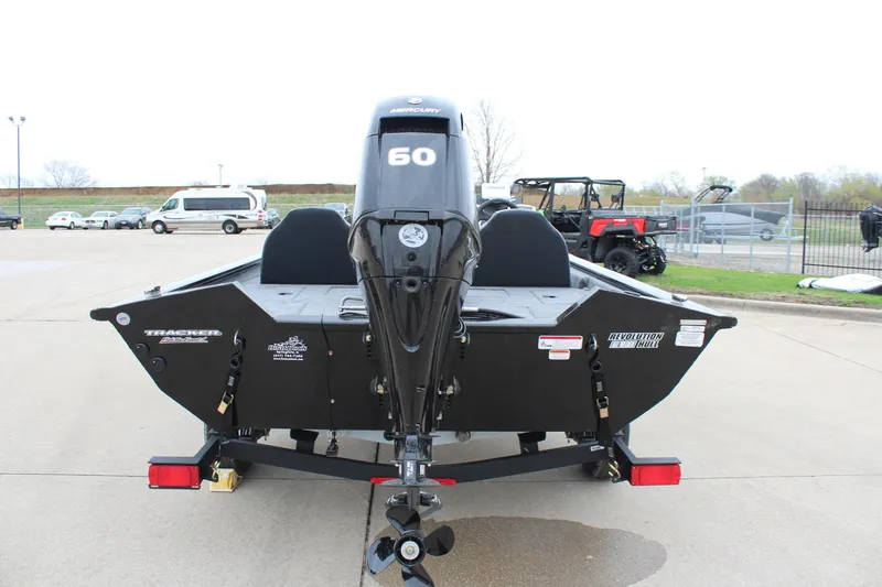 Slide: The Image of 2025 Tracker Pro Team 175 Crappie Edition boat on trailer, rear view with 60 HP engine. - 6