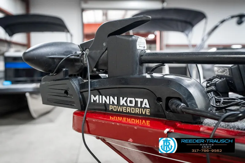 Slide: The Image of Minn Kota PowerDrive on 2021 Tracker Super Guide 17 boat, indoor setting. - 32