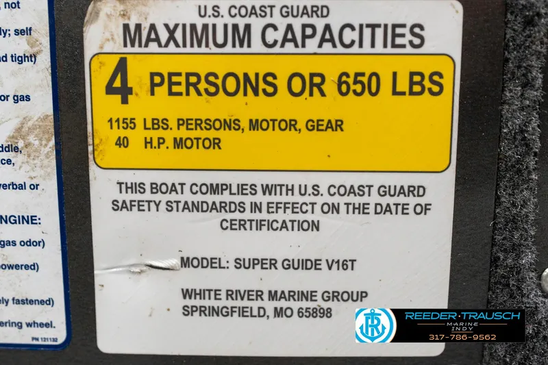 Slide: The Image of Boat capacity label for 2021 Tracker Super Guide 17, max 4 persons or 650 lbs. - 44