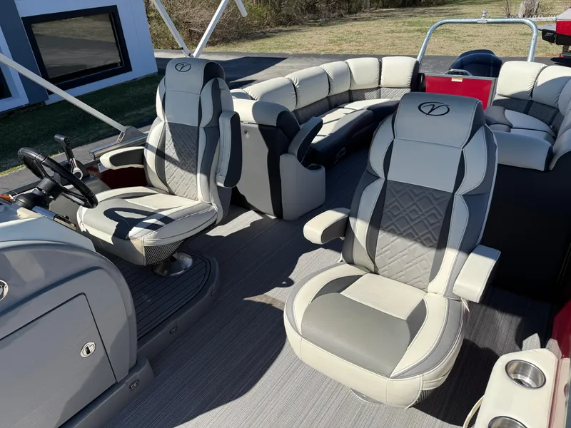 Slide: The Image of 2021 Veranda Relax VR22RC pontoon boat interior with plush seating and modern design. - 26