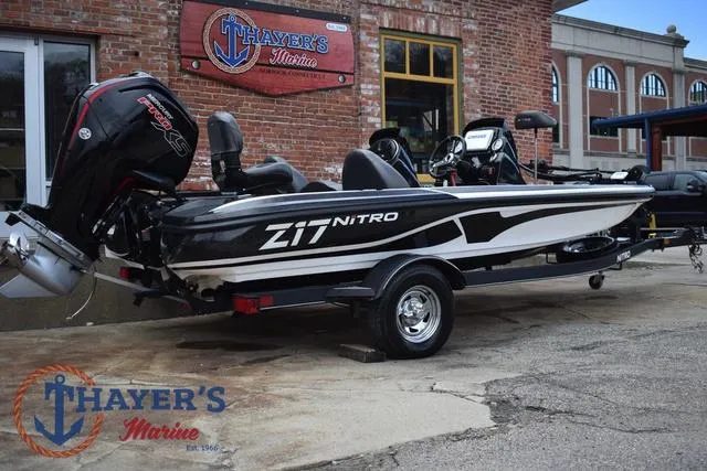 Slide: The Image of 2020 Nitro Z17 boat at Thayer's Marine dealership, featuring sleek design and powerful engine. - 3