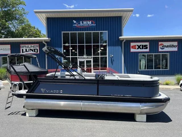 Slide: The Image of 2024 Viaggio Lago V-20C Triple pontoon boat displayed at LHM Lake Hartwell Marine. - 1