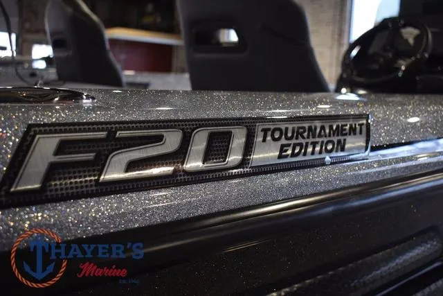 Slide: The Image of 2025 Falcon Bass Boats F20 TE Tournament Edition, close-up of logo and seating. - 18