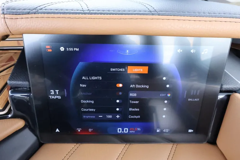 Slide: The Image of Touchscreen control panel in 2025 Tigé Ultré 25ZX boat, displaying lighting and navigation settings. - 36