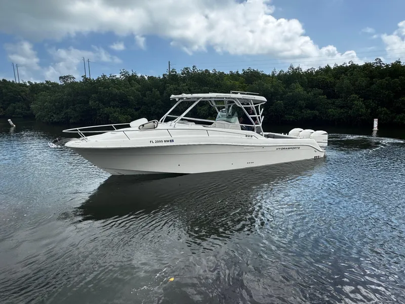 The Image of 2005 Hydra-Sports 3300 VX boat cruising on calm water with lush greenery background. - 2
