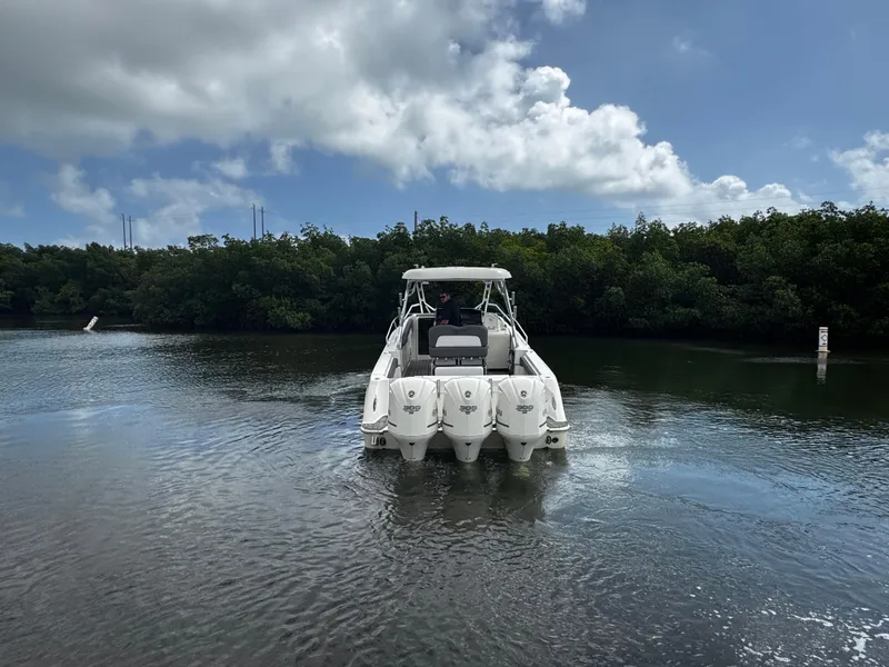 Slide: The Image of 2005 Hydra-Sports 3300 VX boat on calm water, surrounded by lush greenery and cloudy sky. - 4