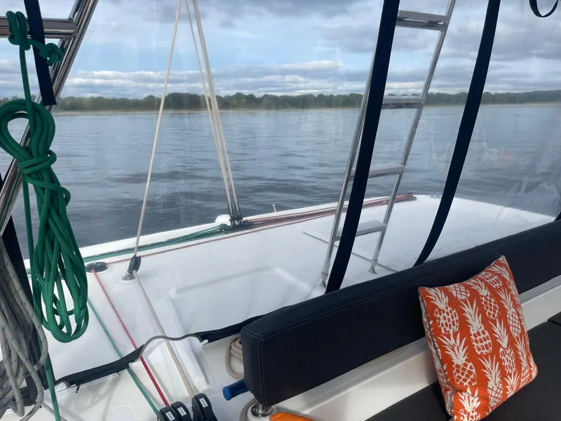 Slide: The Image of 2019 Lagoon 450 F yacht deck with seating, ladder, and scenic water view. - 37