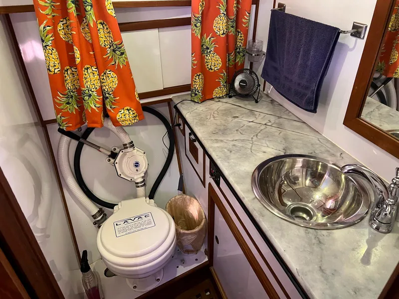 Slide: The Image of 1983 Lindmark 39 Trawler bathroom with pineapple curtains, sink, and marine toilet. - 41