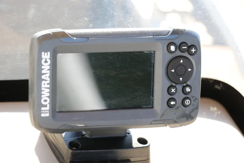 Slide: The Image of Lowrance fish finder on 2023 Sun Tracker 18 Bass Buggy boat dashboard. - 29