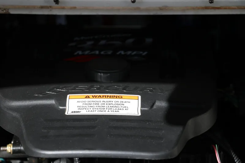 Slide: The Image of 2007 Crownline 240 EX engine with warning label, showcasing Mercury 350 MAG MPI. - 36