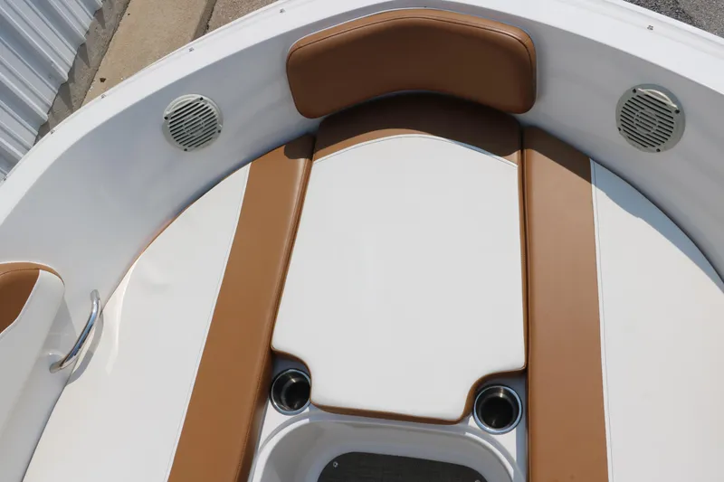 Slide: The Image of 2020 Bayliner VR5 Bowrider I/O boat interior with tan and white seating. - 25