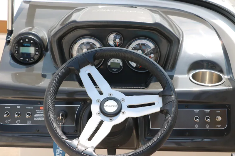 Slide: The Image of 2020 Bayliner VR5 Bowrider I/O dashboard with steering wheel and instrument panel. - 29