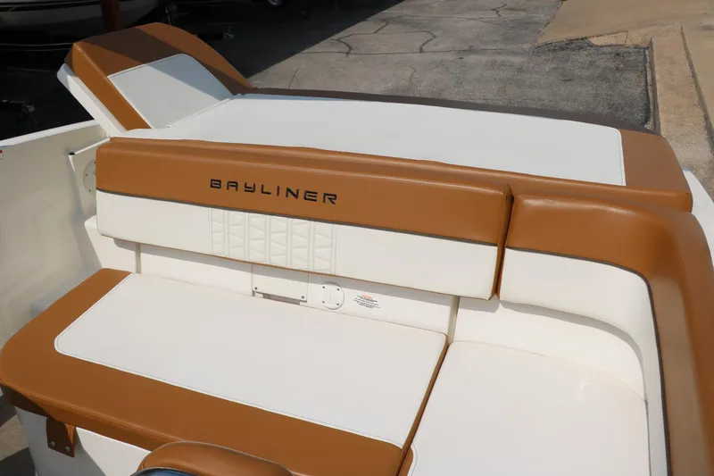 Slide: The Image of 2020 Bayliner VR5 Bowrider I/O boat with tan and white seating. - 33