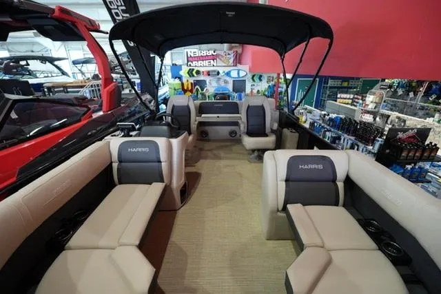 Slide: The Image of 2025 Harris Cruiser 210 pontoon boat interior with spacious seating and modern design. - 3